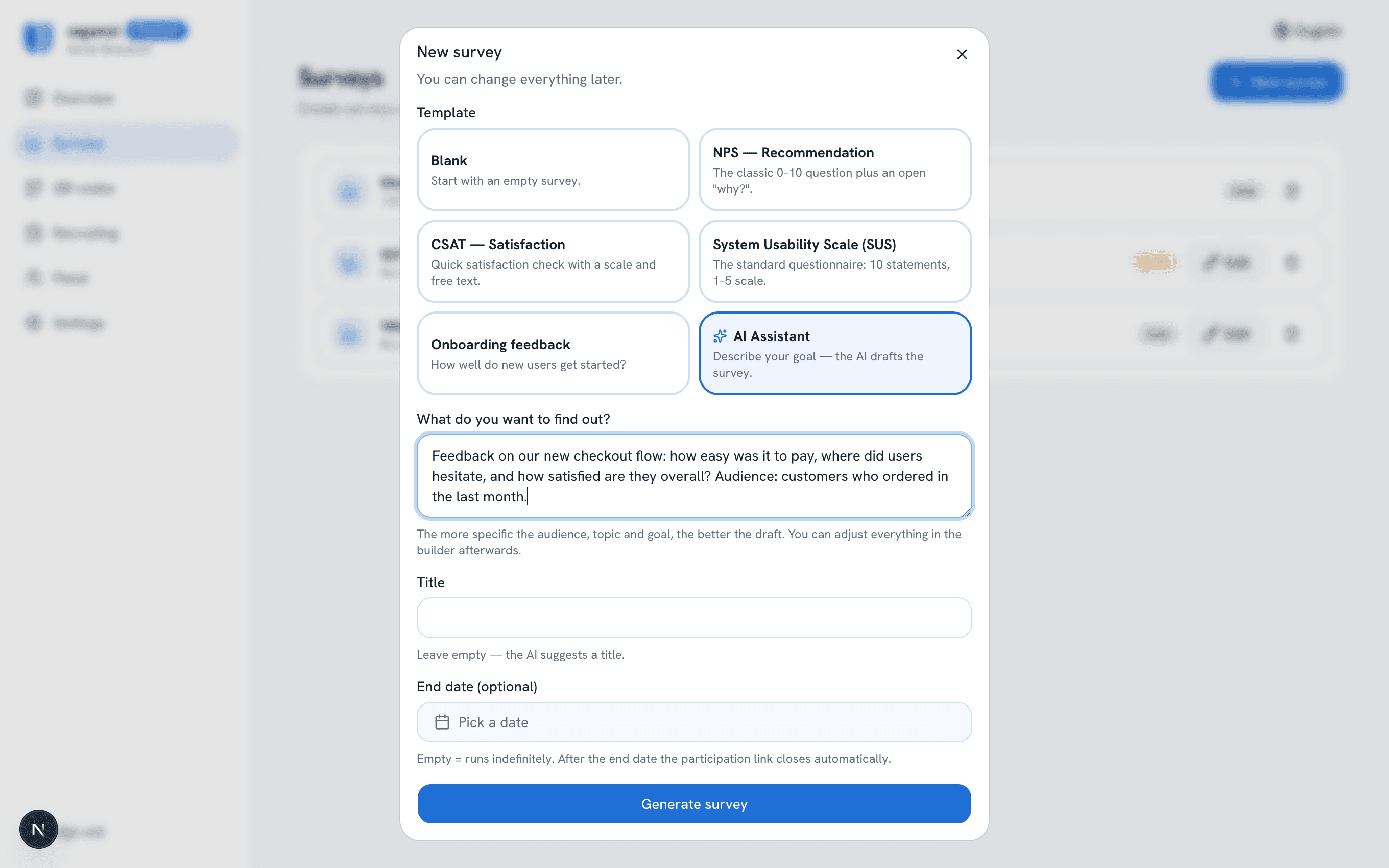 Creating a survey with the AI Assistant